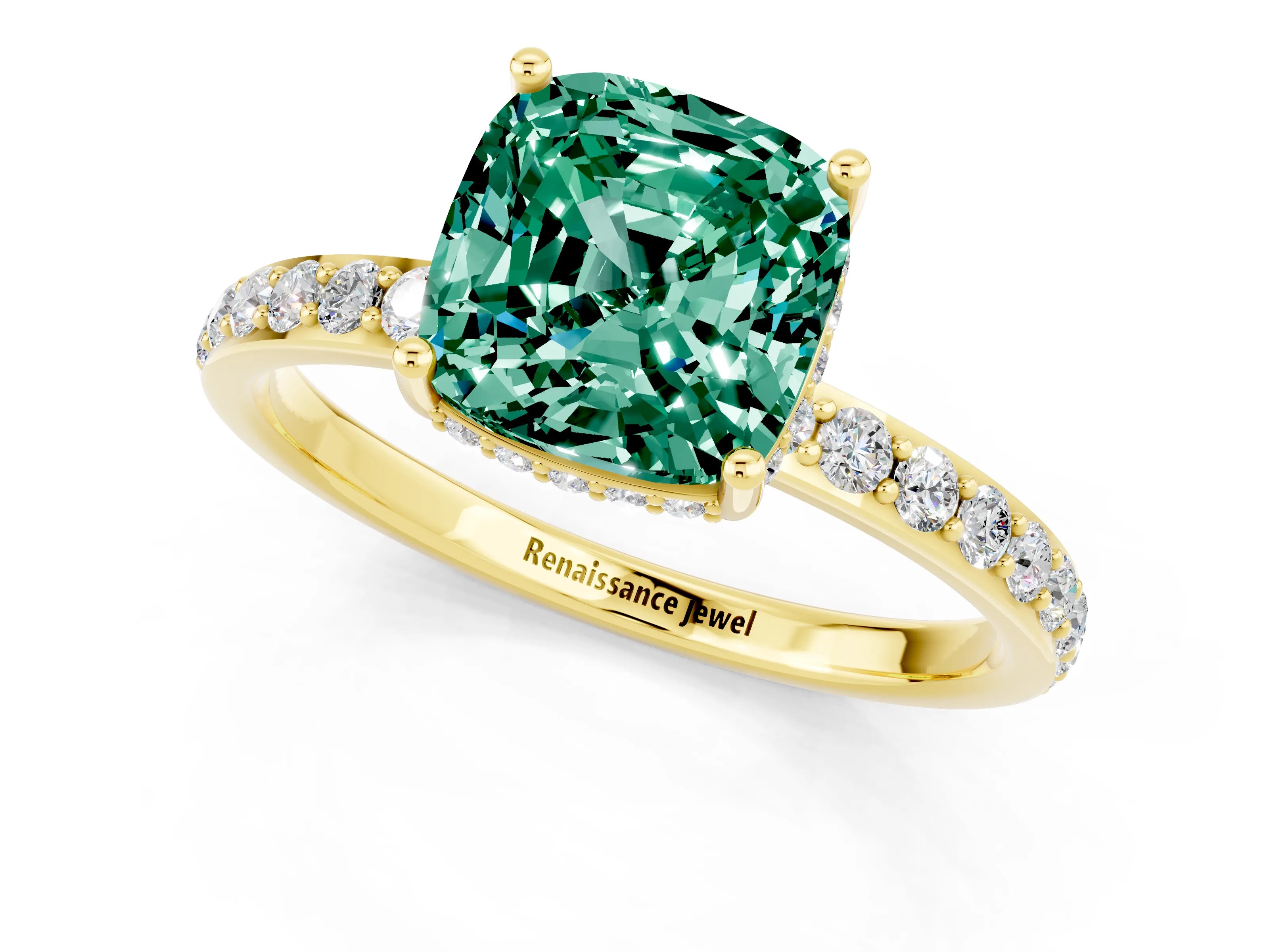 Yellow gold Cushion Cut Green Sapphire Solitaire Ring with Pavé Band and Hidden Halo_13