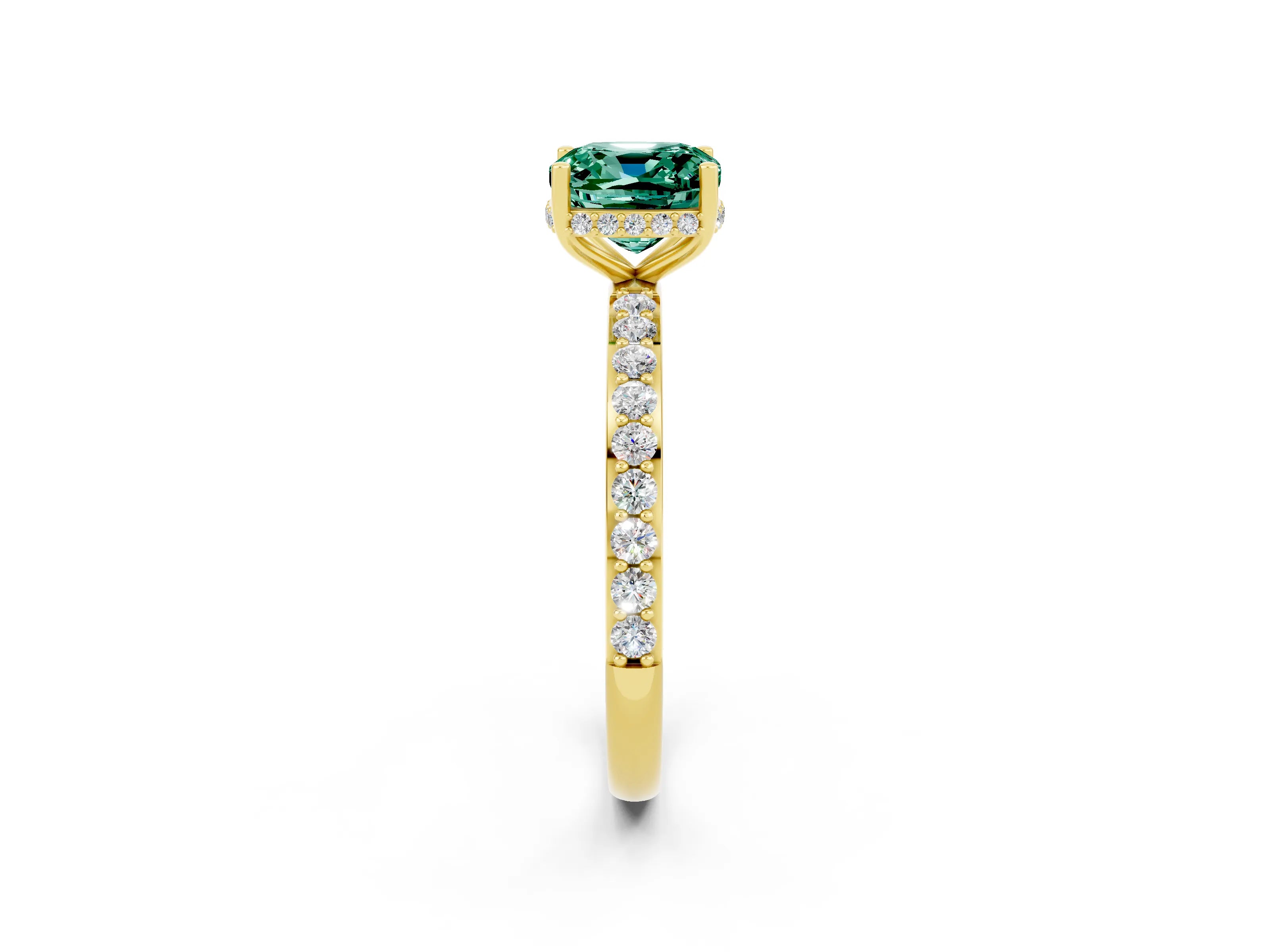 Yellow gold Cushion Cut Green Sapphire Solitaire Ring with Pavé Band and Hidden Halo_14