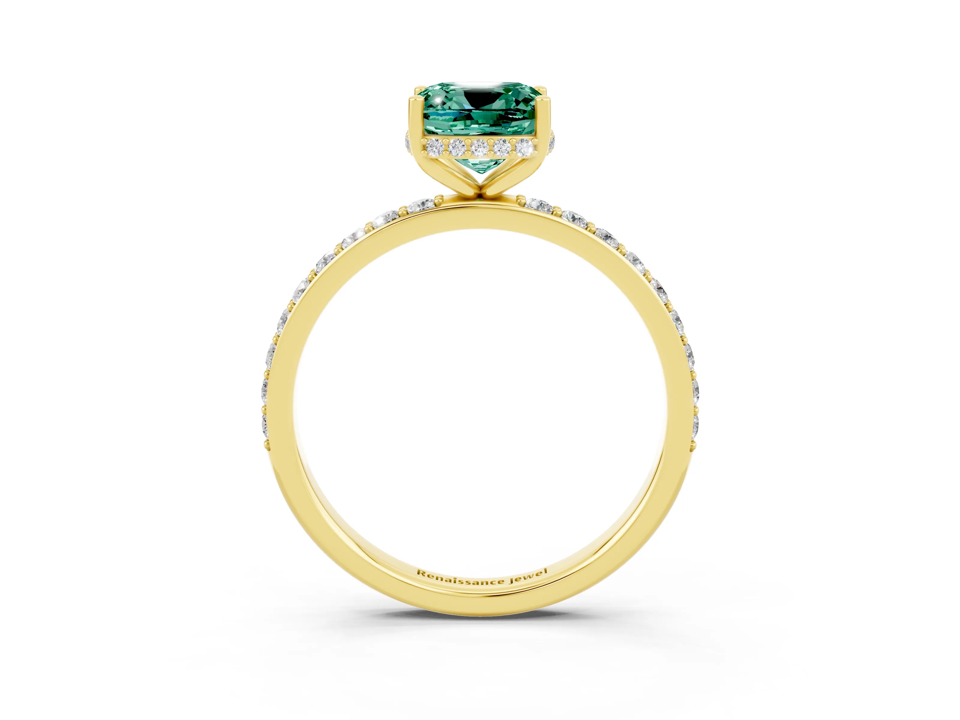 Yellow gold Cushion Cut Green Sapphire Solitaire Ring with Pavé Band and Hidden Halo_15