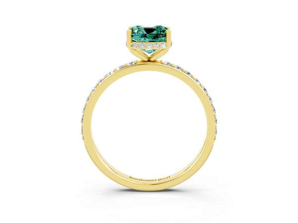 Yellow gold Cushion Cut Green Sapphire Solitaire Ring with Pavé Band and Hidden Halo