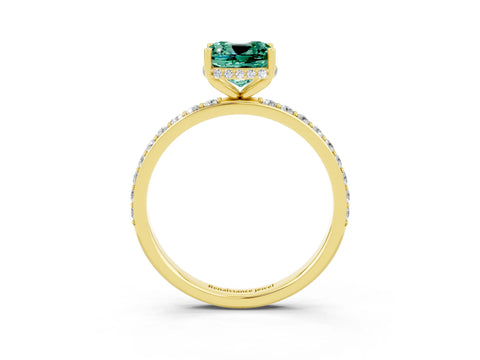 Yellow gold Cushion Cut Green Sapphire Solitaire Ring with Pavé Band and Hidden Halo_15