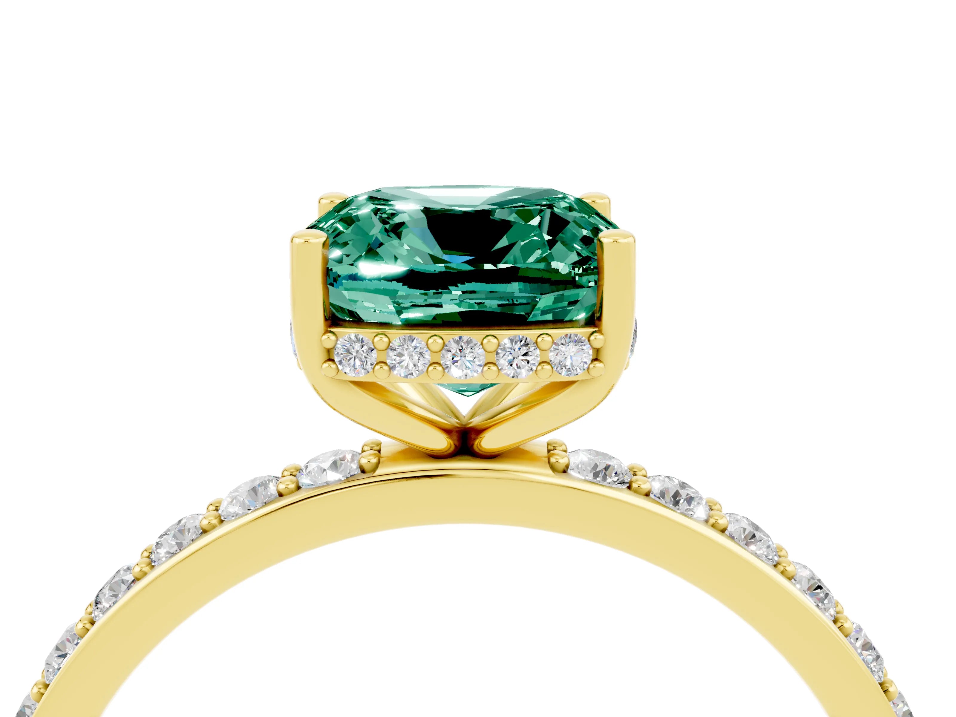 Yellow gold Cushion Cut Green Sapphire Solitaire Ring with Pavé Band and Hidden Halo_16