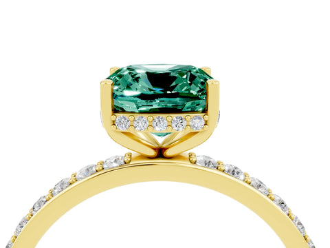 Yellow gold Cushion Cut Green Sapphire Solitaire Ring with Pavé Band and Hidden Halo_16