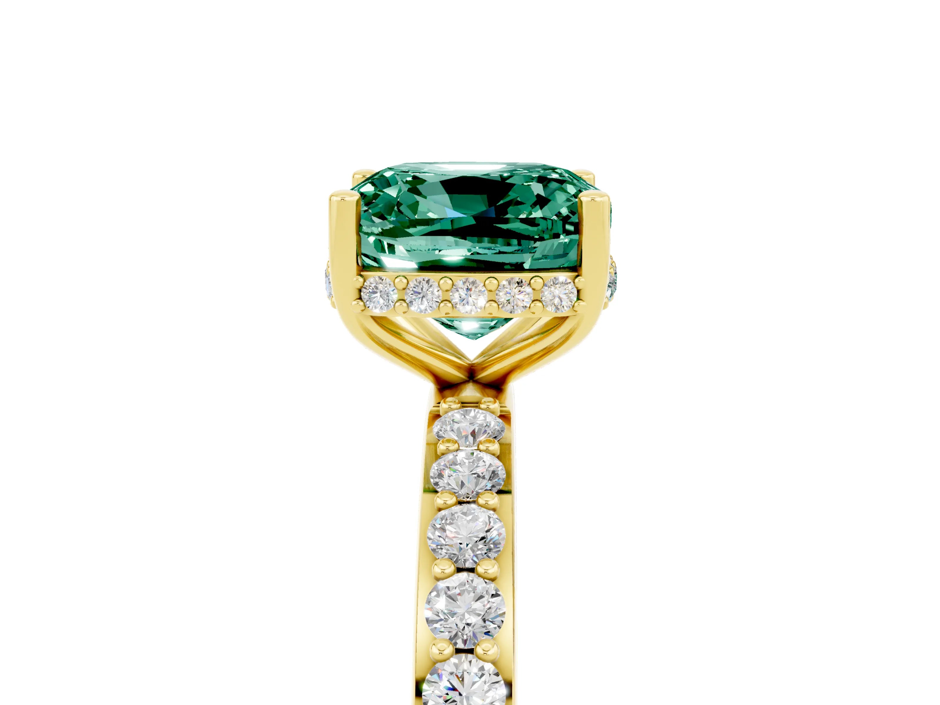 Yellow gold Cushion Cut Green Sapphire Solitaire Ring with Pavé Band and Hidden Halo_17