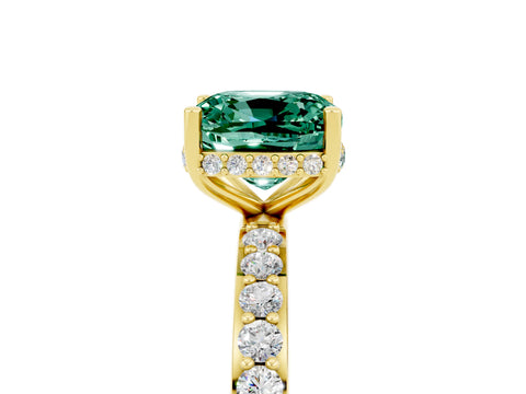 Yellow gold Cushion Cut Green Sapphire Solitaire Ring with Pavé Band and Hidden Halo_17