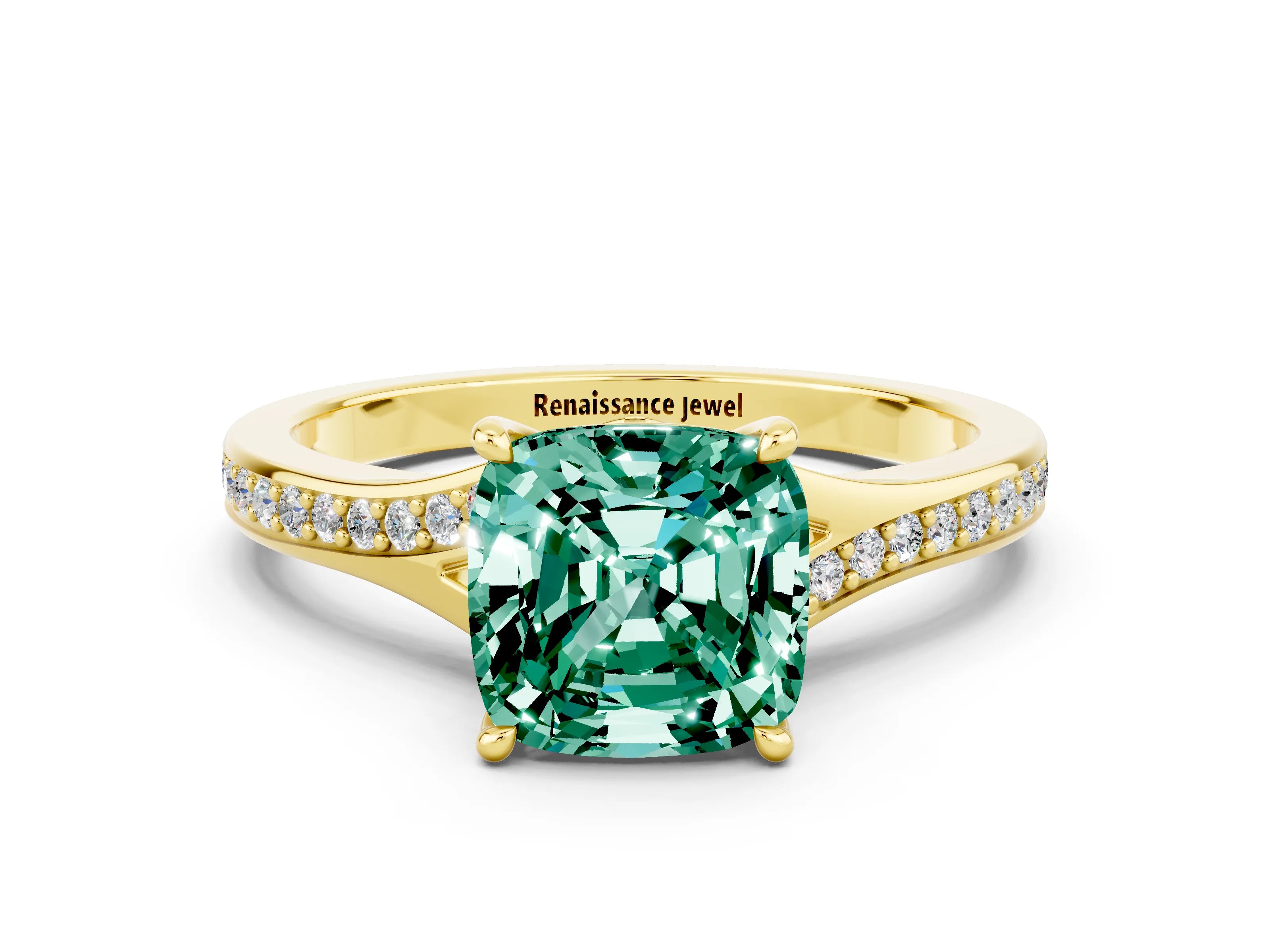 Yellow gold Cushion Cut Green Sapphire Solitaire Ring with Pavé Band and Prong Setting_12