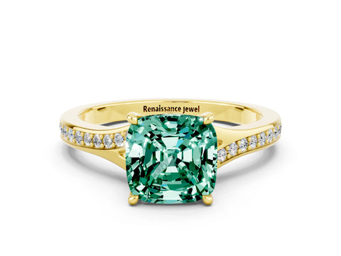 Yellow gold Cushion Cut Green Sapphire Solitaire Ring with Pavé Band and Prong Setting_12