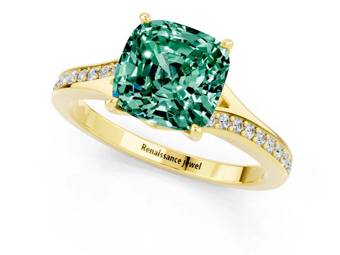 Yellow gold Cushion Cut Green Sapphire Solitaire Ring with Pavé Band and Prong Setting_13