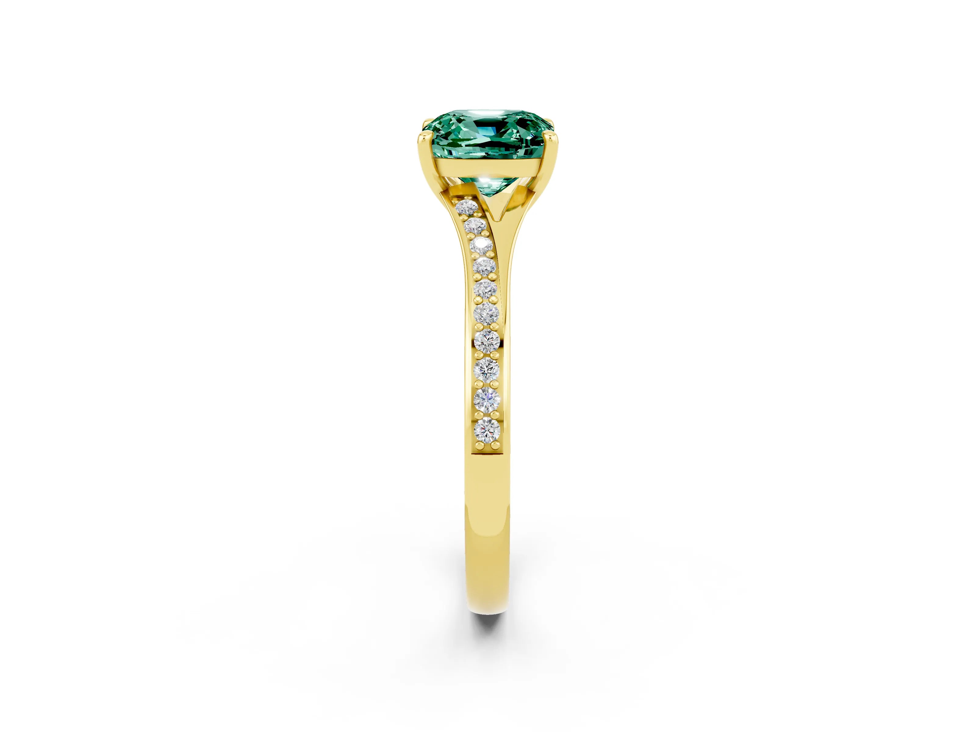 Yellow gold Cushion Cut Green Sapphire Solitaire Ring with Pavé Band and Prong Setting_14