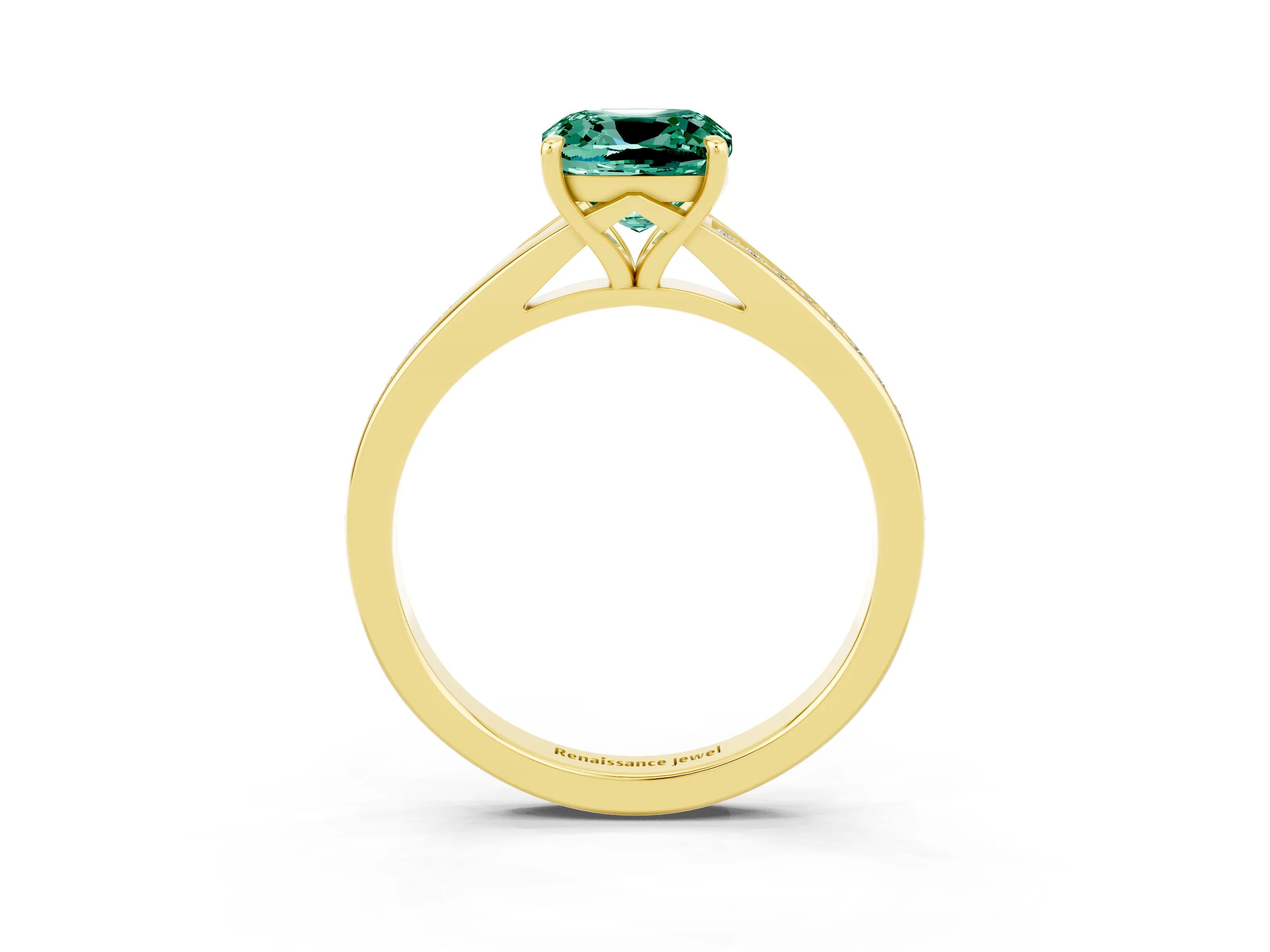 Yellow gold Cushion Cut Green Sapphire Solitaire Ring with Pavé Band and Prong Setting_15