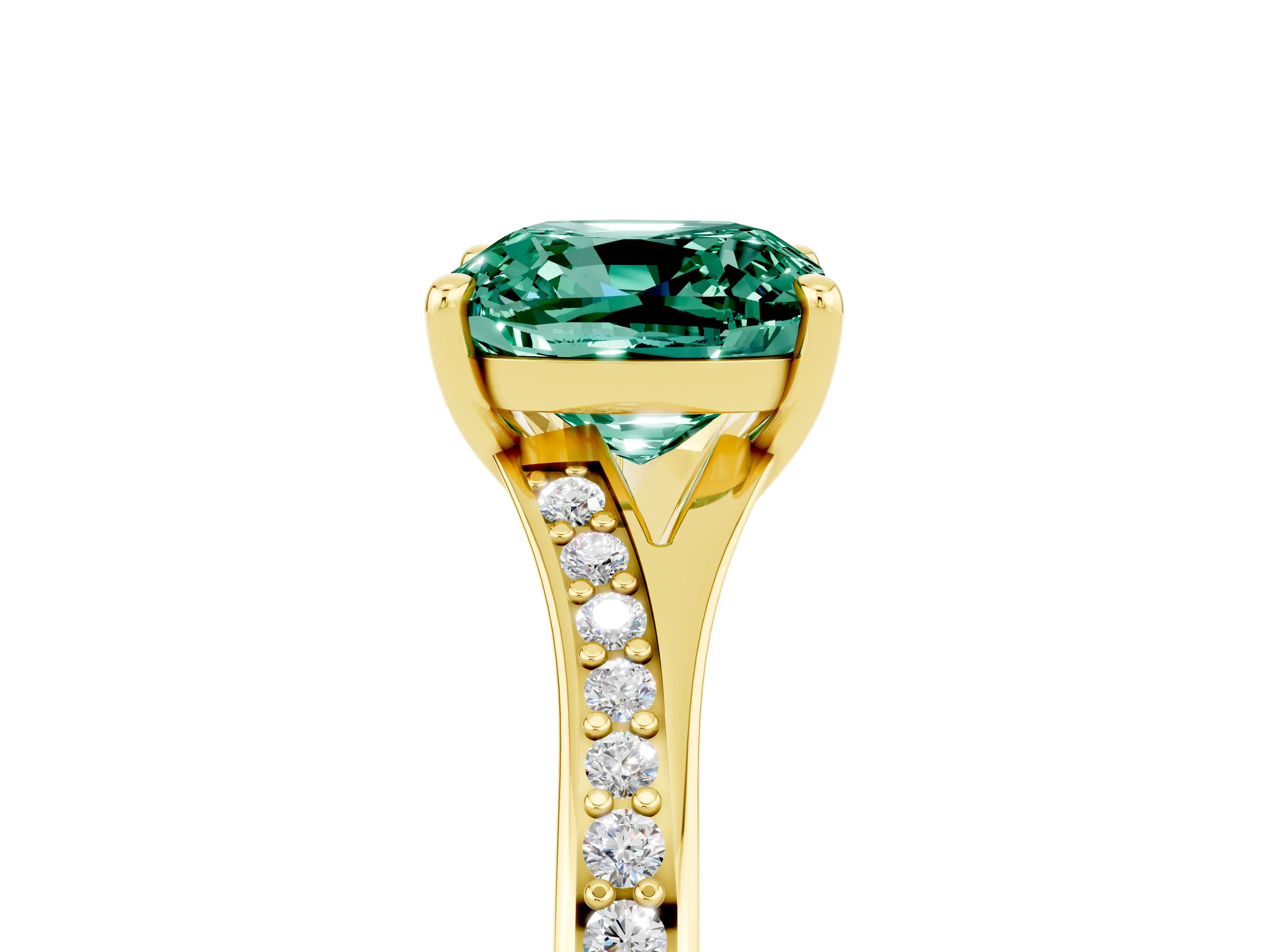 Yellow gold Cushion Cut Green Sapphire Solitaire Ring with Pavé Band and Prong Setting_17