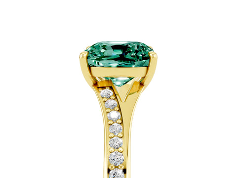 Yellow gold Cushion Cut Green Sapphire Solitaire Ring with Pavé Band and Prong Setting_17