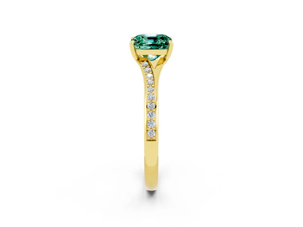 Yellow gold Cushion Cut Green Sapphire Solitaire Ring with Pavé Band and Prong Setting