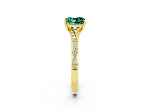 Yellow gold Cushion Cut Green Sapphire Solitaire Ring with Pavé Band and Prong Setting_2