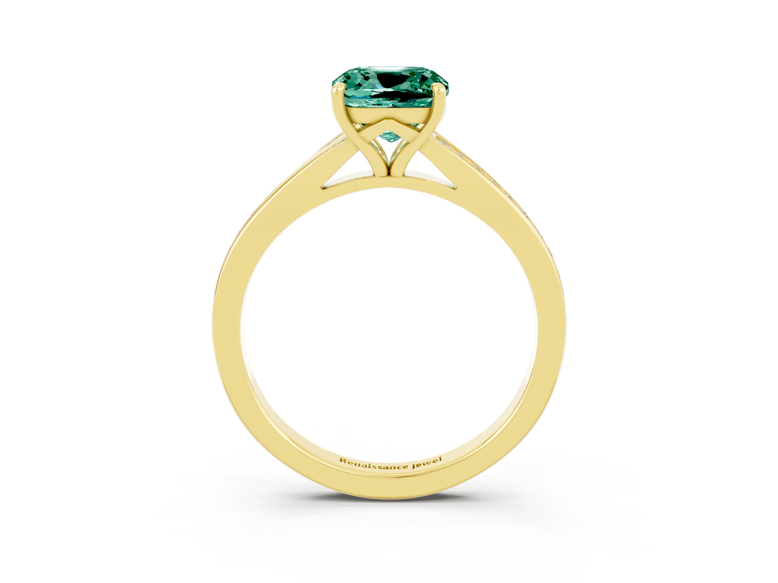 Yellow gold Cushion Cut Green Sapphire Solitaire Ring with Pavé Band and Prong Setting_3