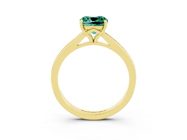 Yellow gold Cushion Cut Green Sapphire Solitaire Ring with Pavé Band and Prong Setting