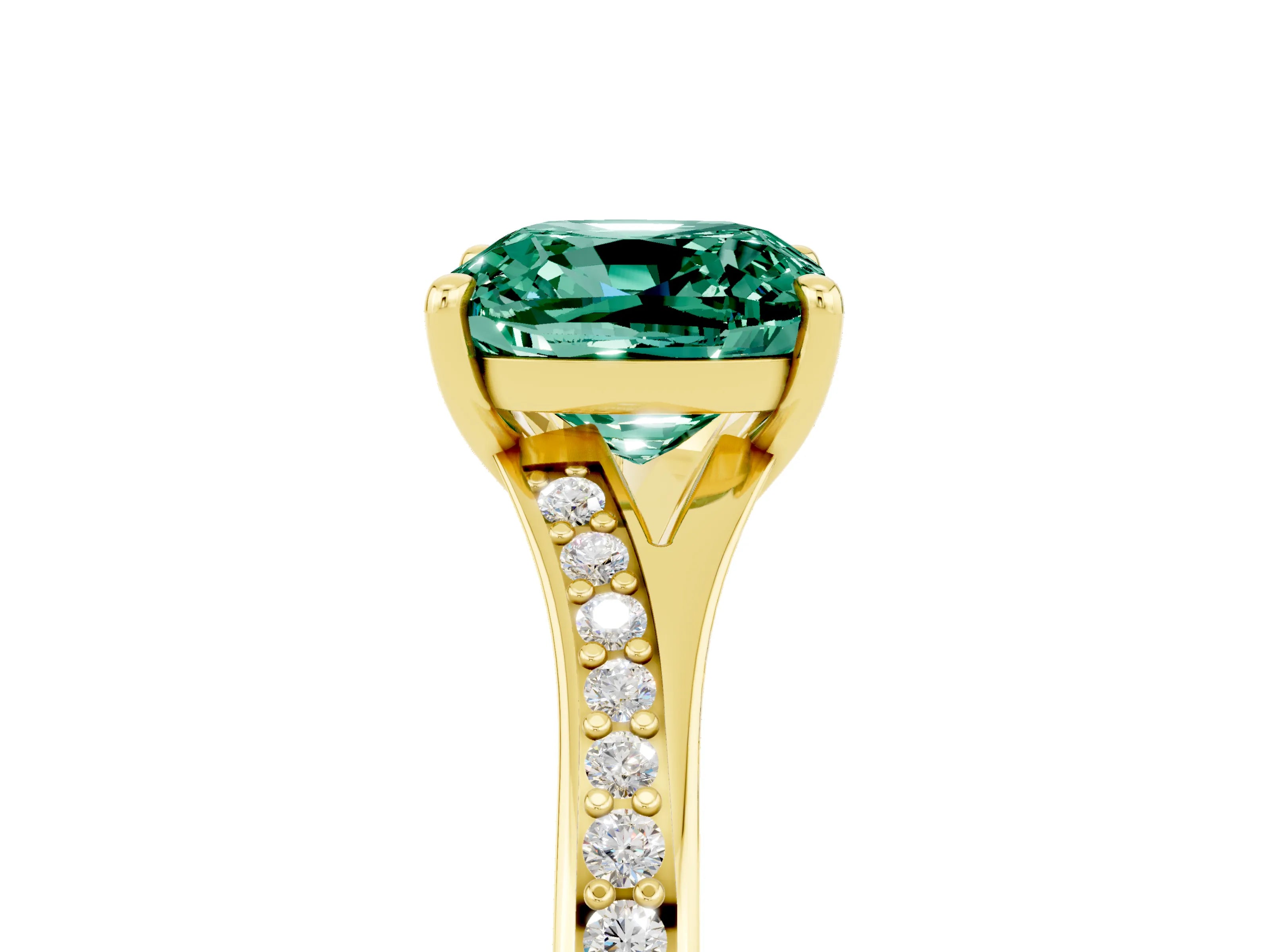 Yellow gold Cushion Cut Green Sapphire Solitaire Ring with Pavé Band and Prong Setting_5