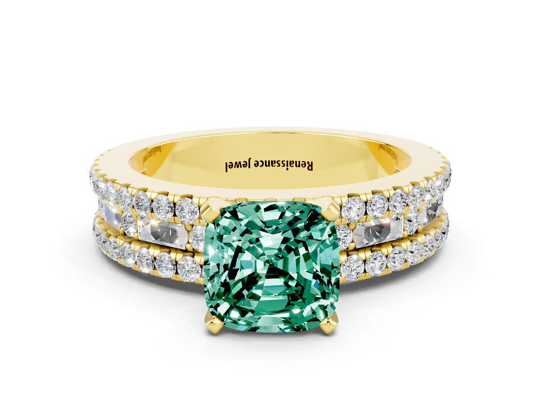 Yellow gold Cushion Cut Green Sapphire Solitaire Ring with Pavé and Channel Set Band