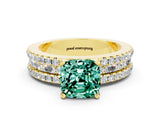 Yellow gold Cushion Cut Green Sapphire Solitaire Ring with Pavé and Channel Set Band