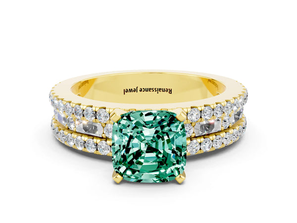 Yellow gold Cushion Cut Green Sapphire Solitaire Ring with Pavé and Channel Set Band