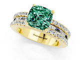 Yellow gold Cushion Cut Green Sapphire Solitaire Ring with Pavé and Channel Set Band_1