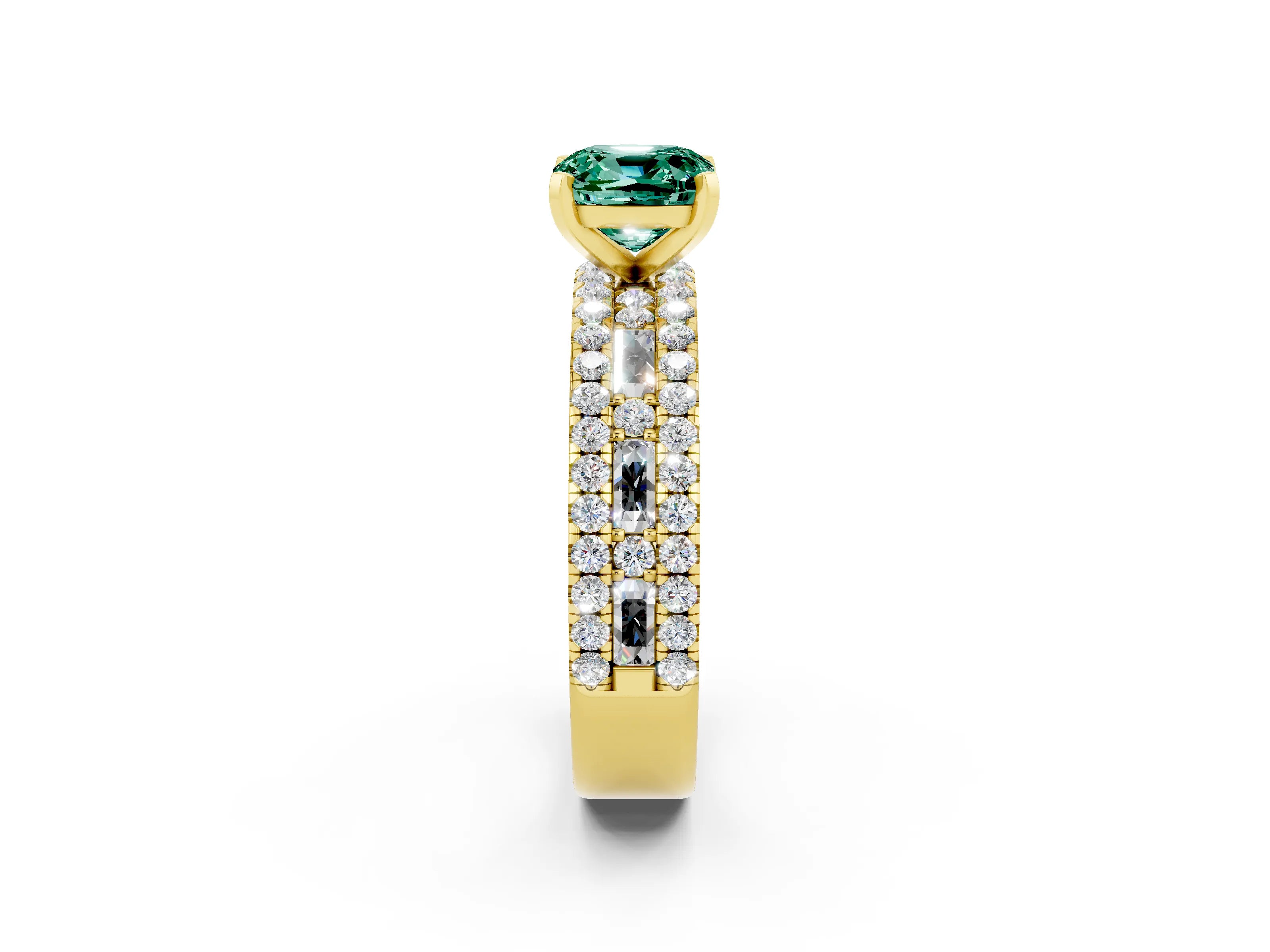 Yellow gold Cushion Cut Green Sapphire Solitaire Ring with Pavé and Channel Set Band_2