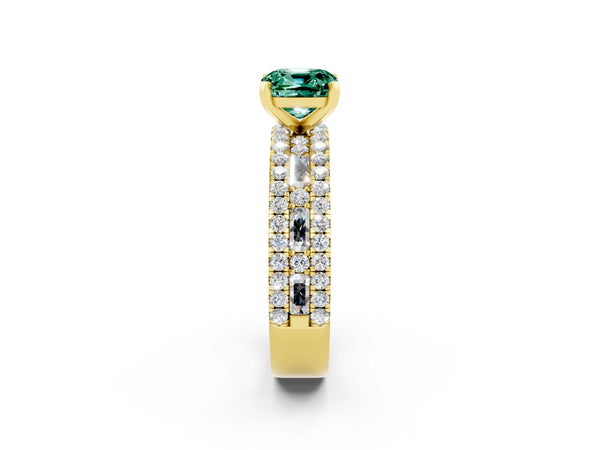 Yellow gold Cushion Cut Green Sapphire Solitaire Ring with Pavé and Channel Set Band