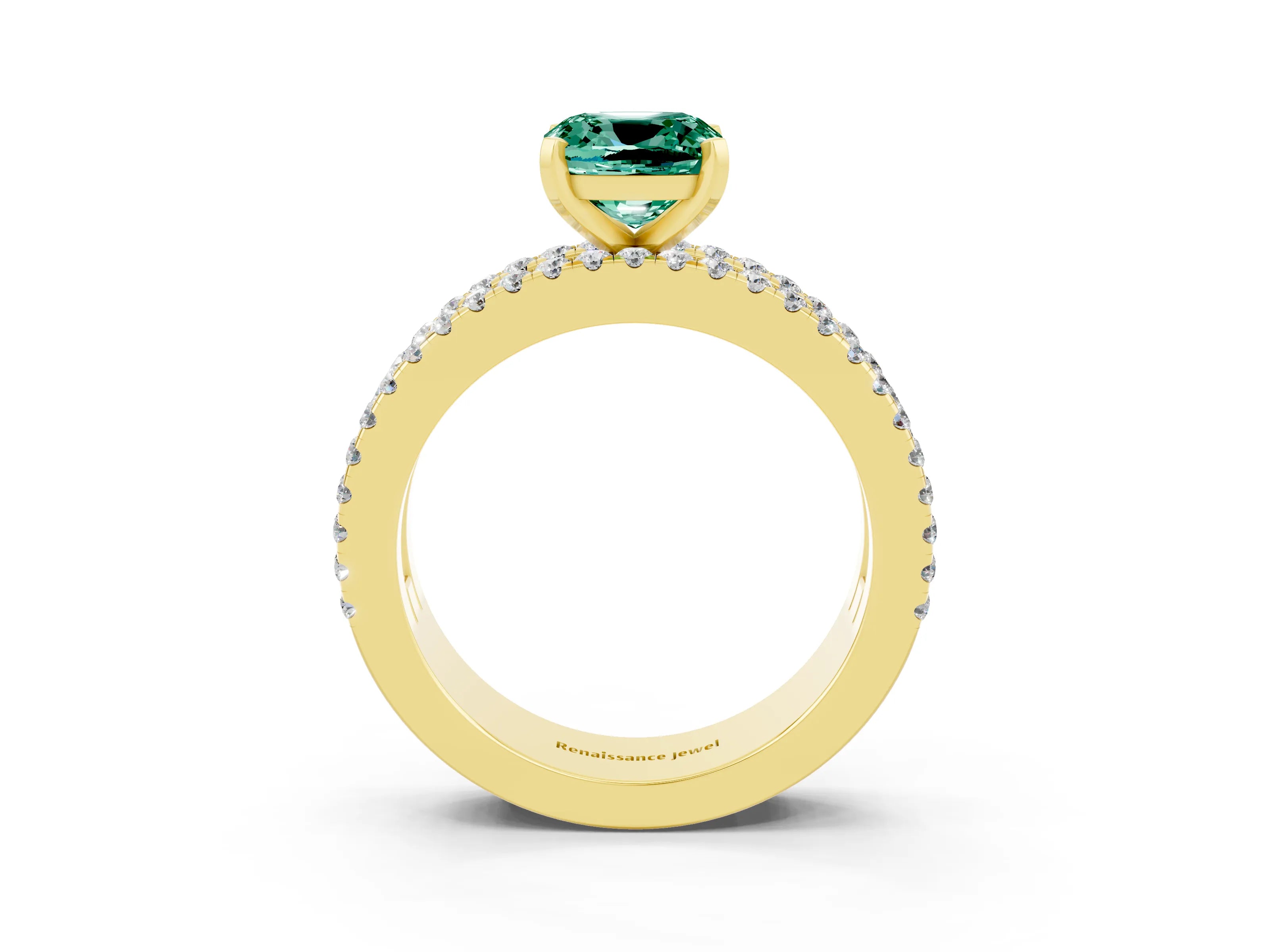 Yellow gold Cushion Cut Green Sapphire Solitaire Ring with Pavé and Channel Set Band_3