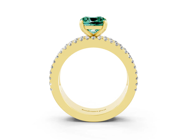 Yellow gold Cushion Cut Green Sapphire Solitaire Ring with Pavé and Channel Set Band