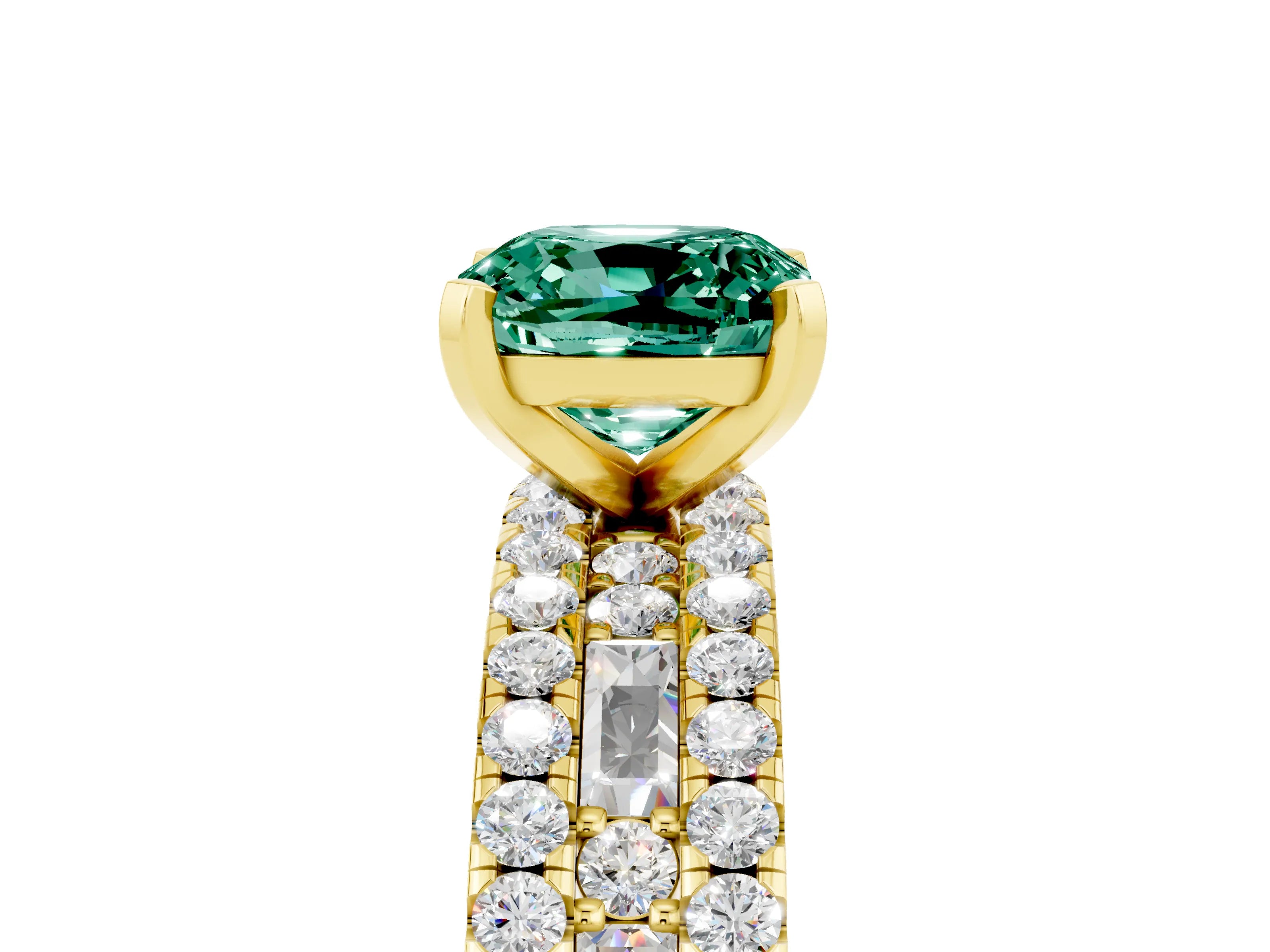 Yellow gold Cushion Cut Green Sapphire Solitaire Ring with Pavé and Channel Set Band_5