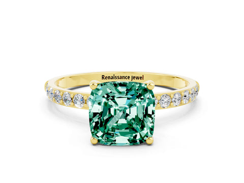 Yellow gold Cushion Cut Green Sapphire Solitaire Ring with Pave Band and Four Prong Setting_12