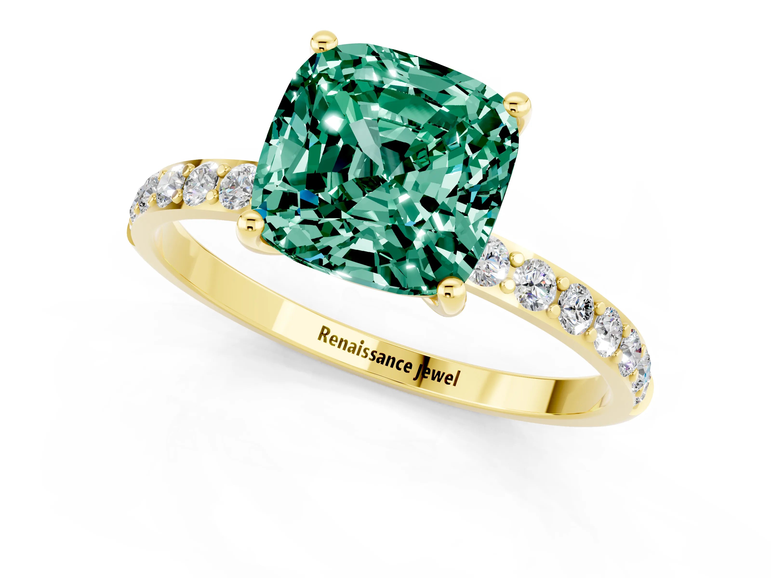 Yellow gold Cushion Cut Green Sapphire Solitaire Ring with Pave Band and Four Prong Setting_13