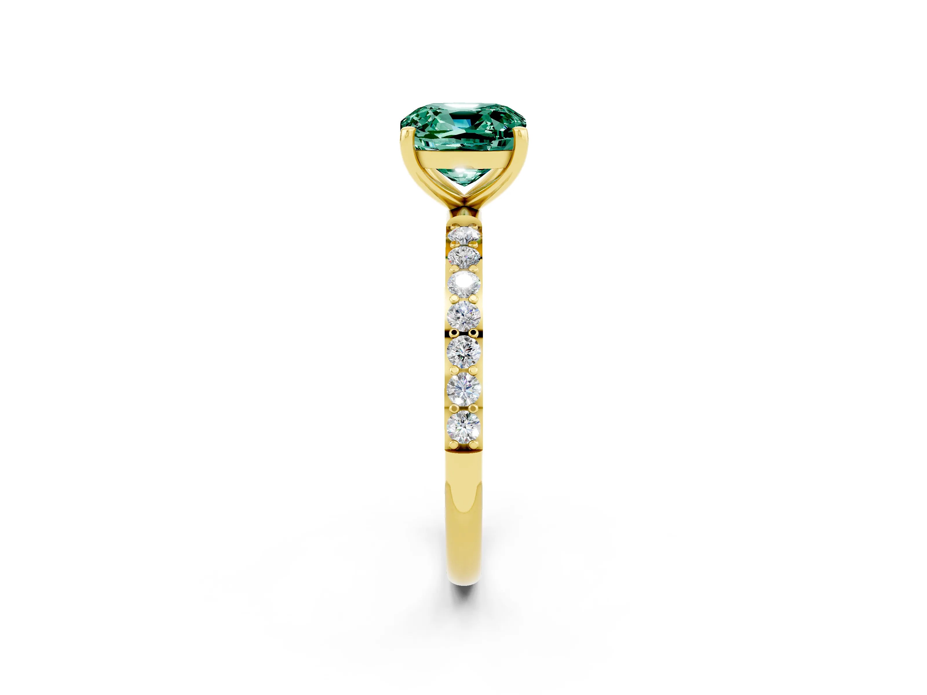 Yellow gold Cushion Cut Green Sapphire Solitaire Ring with Pave Band and Four Prong Setting_14