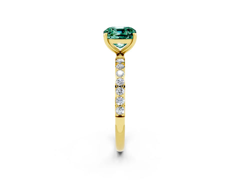 Yellow gold Cushion Cut Green Sapphire Solitaire Ring with Pave Band and Four Prong Setting_14