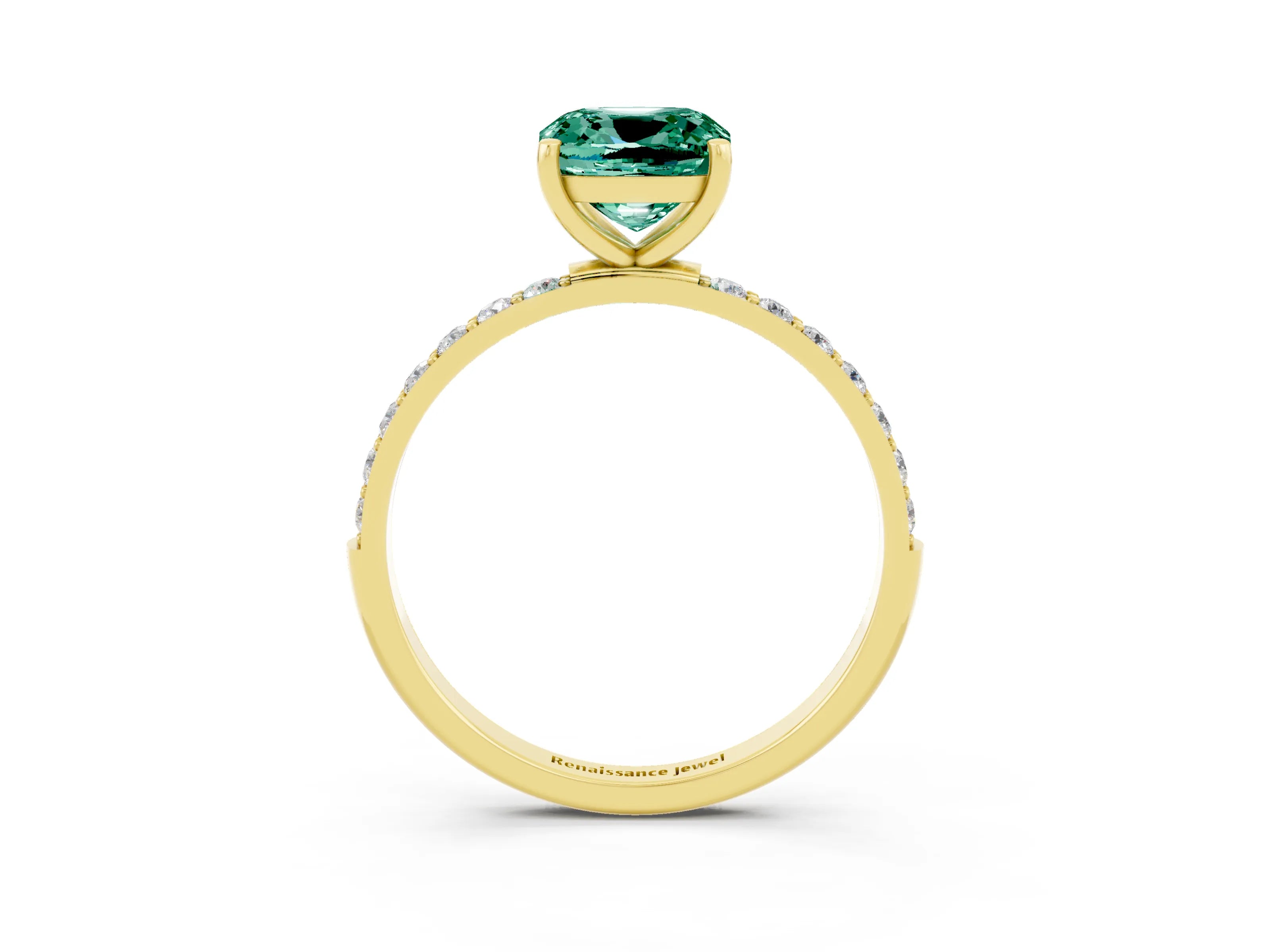 Yellow gold Cushion Cut Green Sapphire Solitaire Ring with Pave Band and Four Prong Setting_15