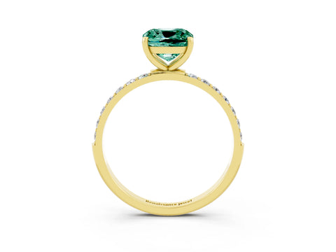 Yellow gold Cushion Cut Green Sapphire Solitaire Ring with Pave Band and Four Prong Setting_15