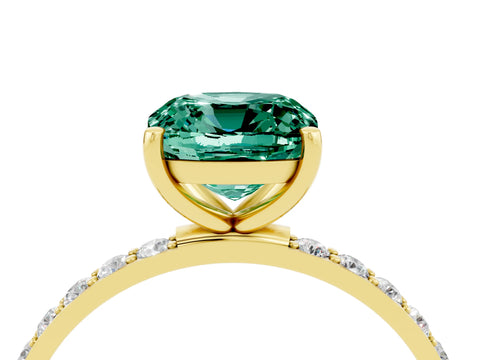 Yellow gold Cushion Cut Green Sapphire Solitaire Ring with Pave Band and Four Prong Setting_16