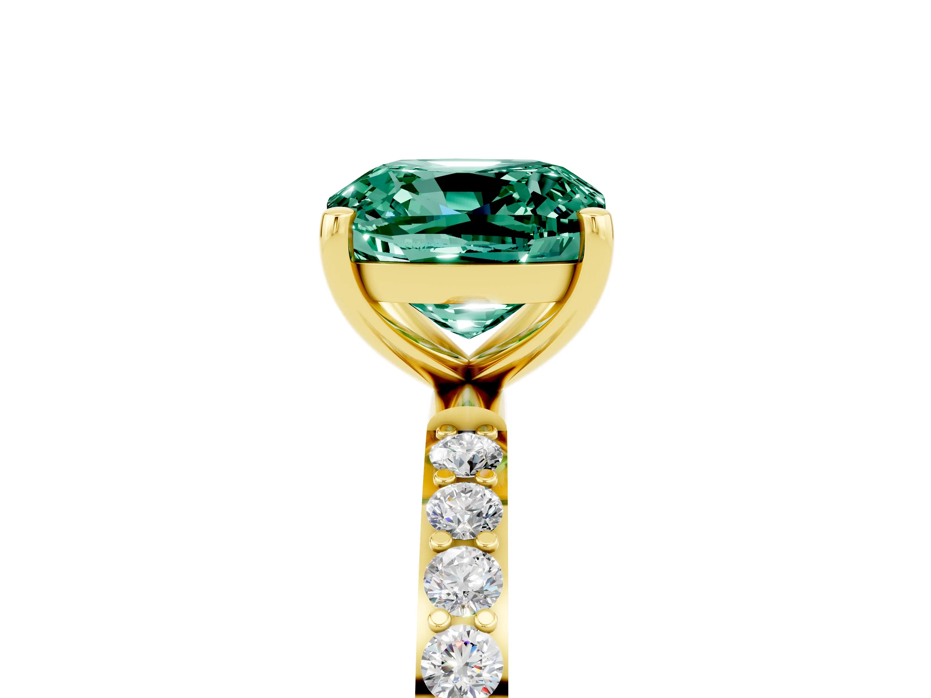 Yellow gold Cushion Cut Green Sapphire Solitaire Ring with Pave Band and Four Prong Setting_17