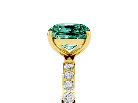 Yellow gold Cushion Cut Green Sapphire Solitaire Ring with Pave Band and Four Prong Setting_17
