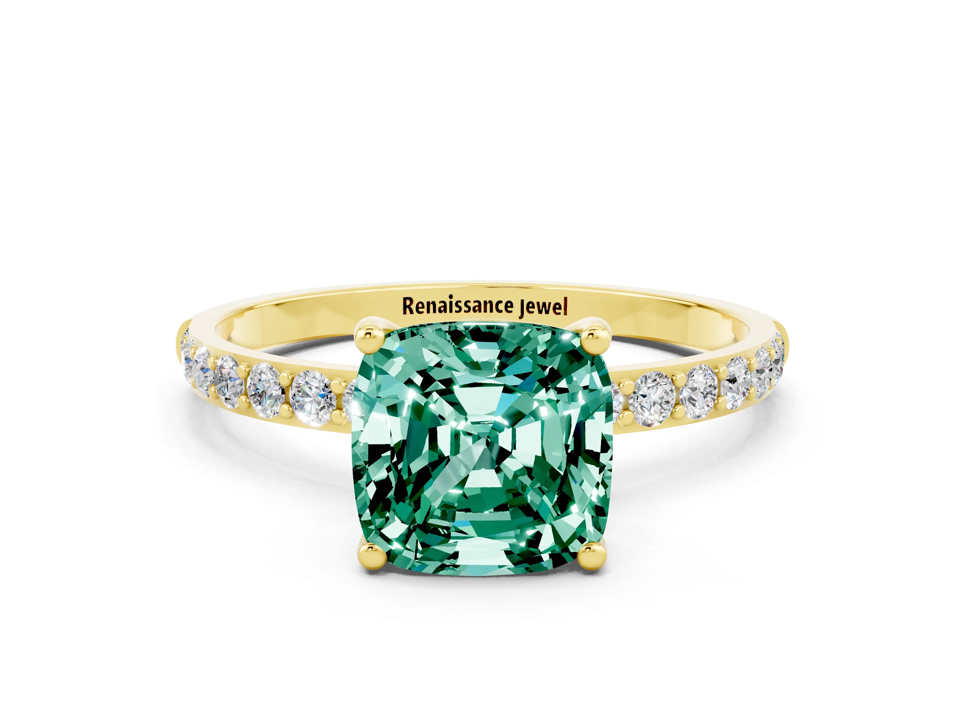 Yellow gold Cushion Cut Green Sapphire Solitaire Ring with Pave Band and Four Prong Setting_24