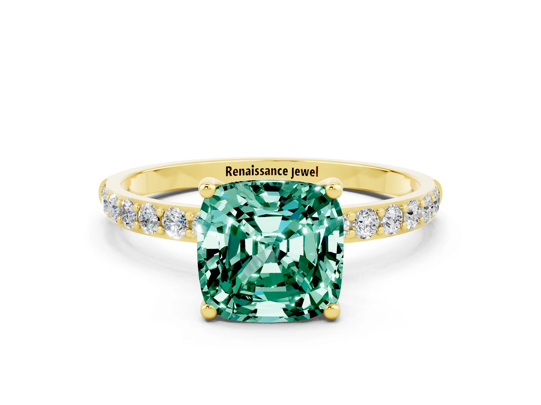 Yellow gold Cushion Cut Green Sapphire Solitaire Ring with Pave Band and Four Prong Setting_24