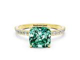 Yellow gold Cushion Cut Green Sapphire Solitaire Ring with Pave Band and Four Prong Setting_24