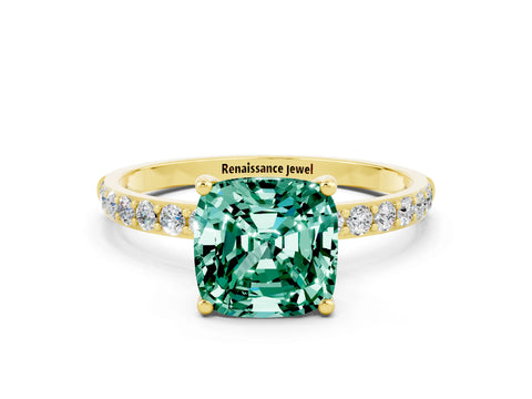 Yellow gold Cushion Cut Green Sapphire Solitaire Ring with Pave Band and Four Prong Setting_24