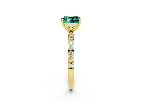 Yellow gold Cushion Cut Green Sapphire Solitaire Ring with Pave Band and Four Prong Setting_26