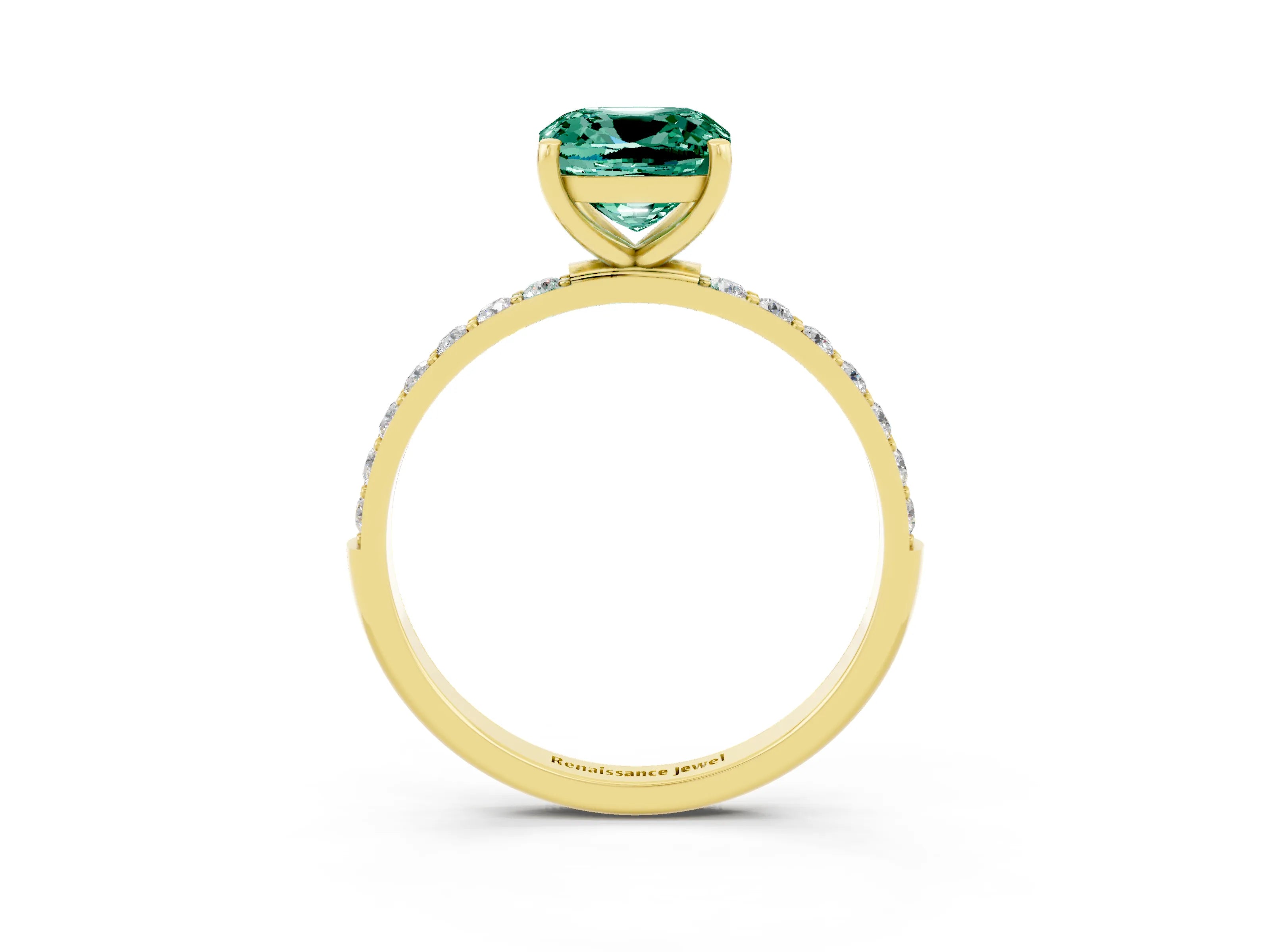 Yellow gold Cushion Cut Green Sapphire Solitaire Ring with Pave Band and Four Prong Setting_27