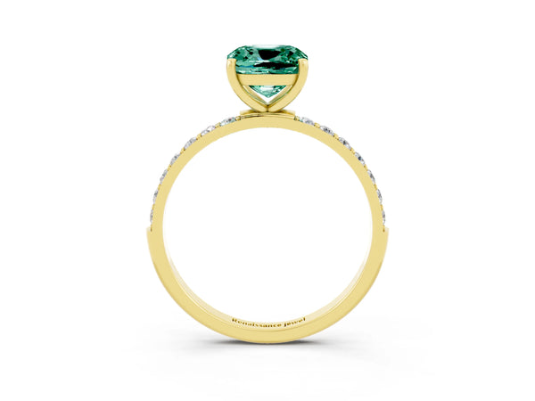 Yellow gold Cushion Cut Green Sapphire Solitaire Ring with Round  Pavé Band and Prong Setting