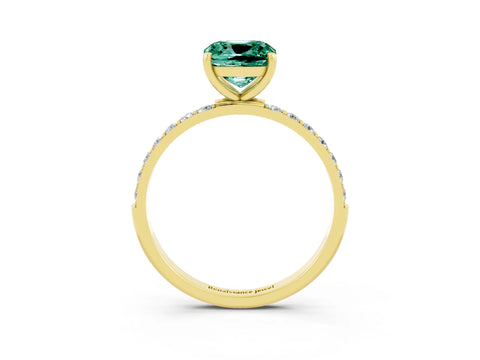Yellow gold Cushion Cut Green Sapphire Solitaire Ring with Pave Band and Four Prong Setting_27