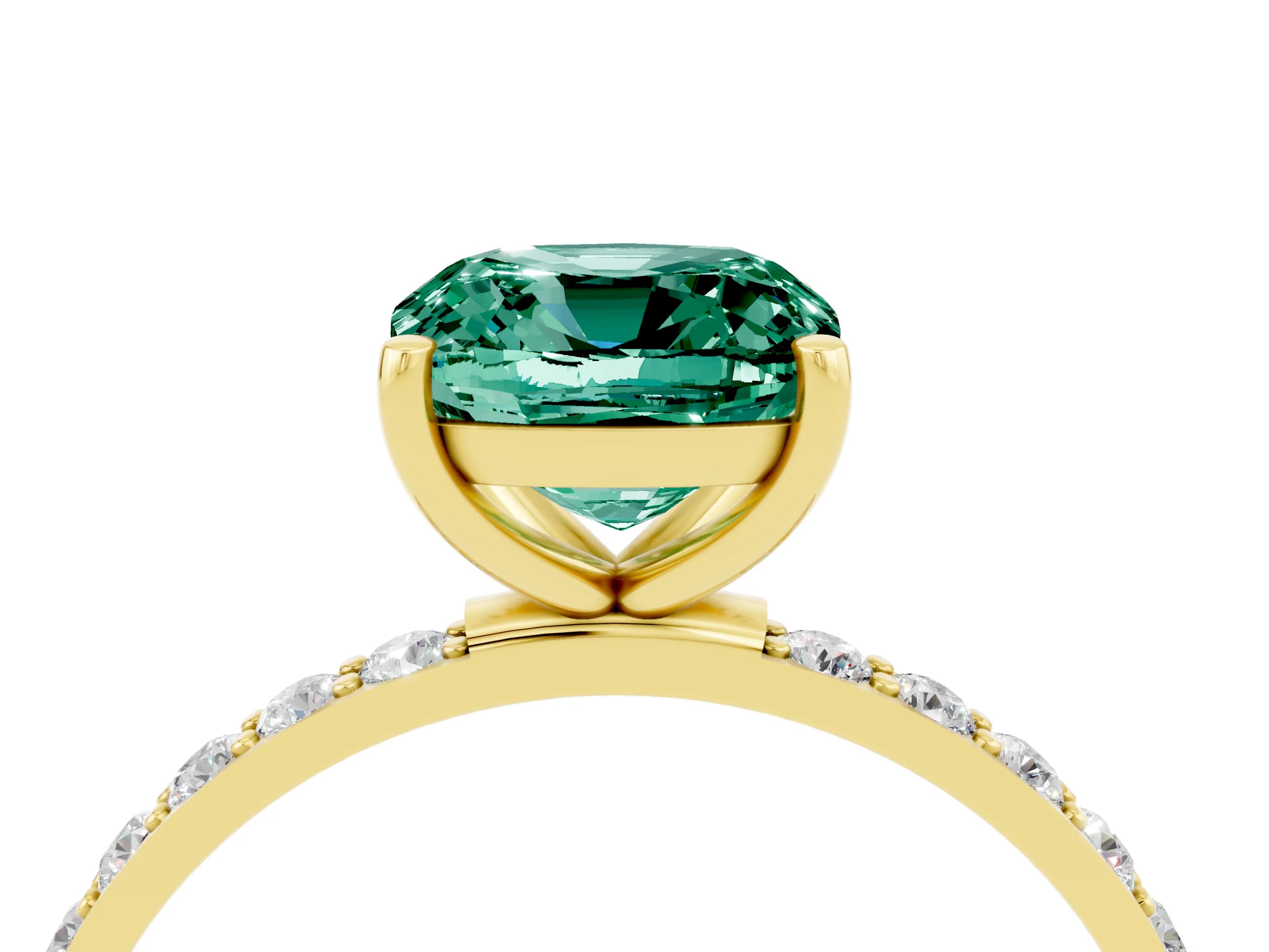 Yellow gold Cushion Cut Green Sapphire Solitaire Ring with Pave Band and Four Prong Setting_28