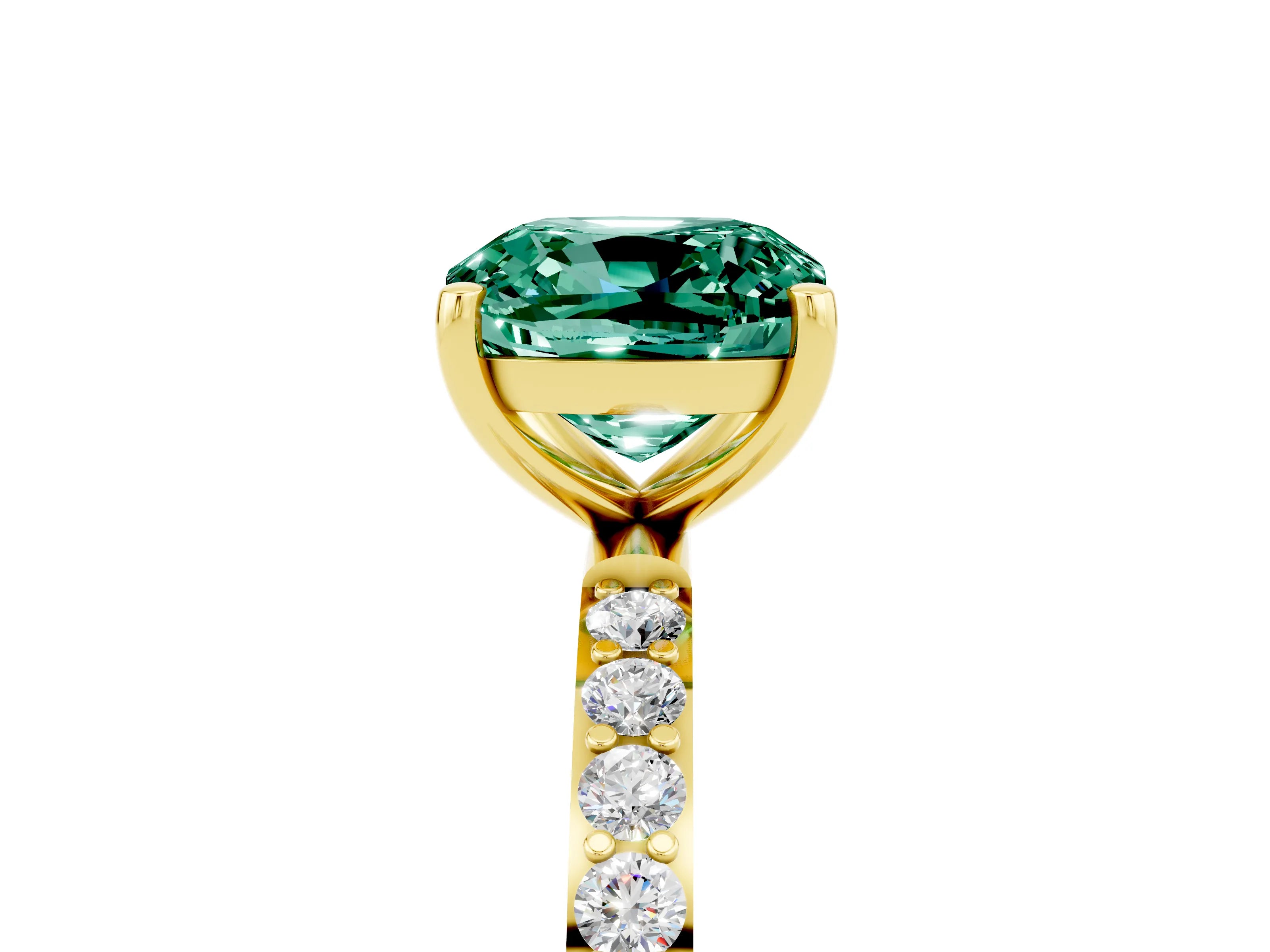 Yellow gold Cushion Cut Green Sapphire Solitaire Ring with Pave Band and Four Prong Setting_29