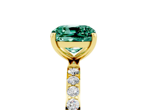 Yellow gold Cushion Cut Green Sapphire Solitaire Ring with Pave Band and Four Prong Setting_29